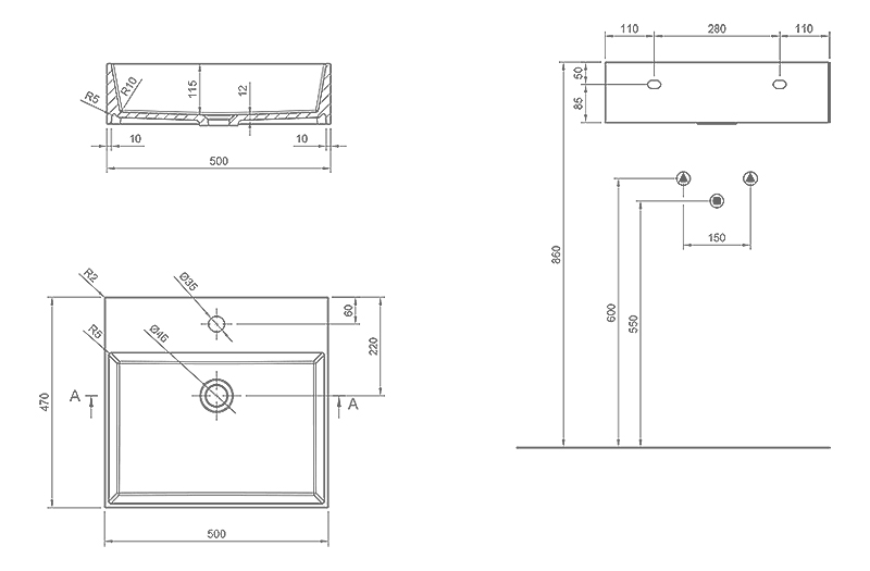 technical drawing smart plus wall mounted washbasin 50