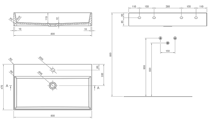 technical drawing smart+ washbasin 80, wall-mounted